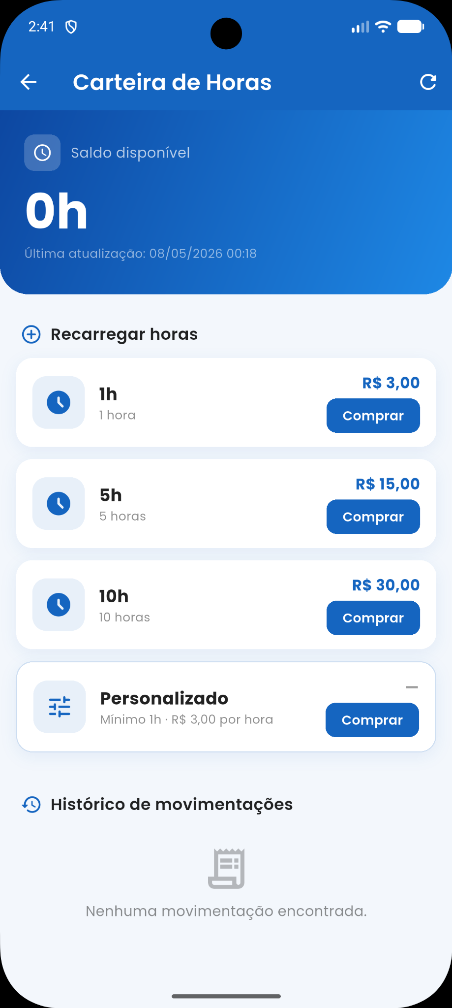 Tela de carteira de horas do Blue Area