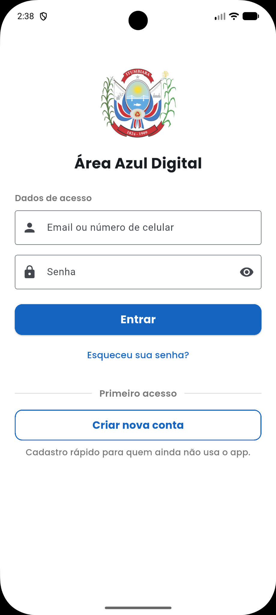 Tela de login do aplicativo Blue Area