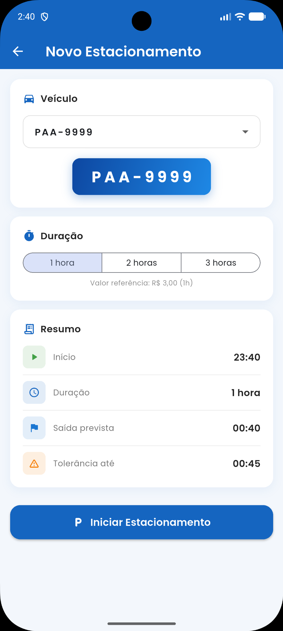 Tela de novo estacionamento do Blue Area